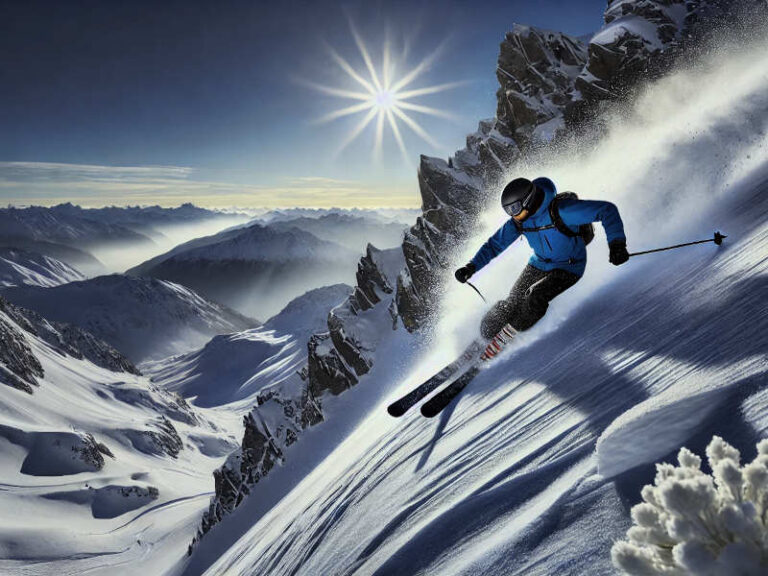 A person skiing down a powder slope