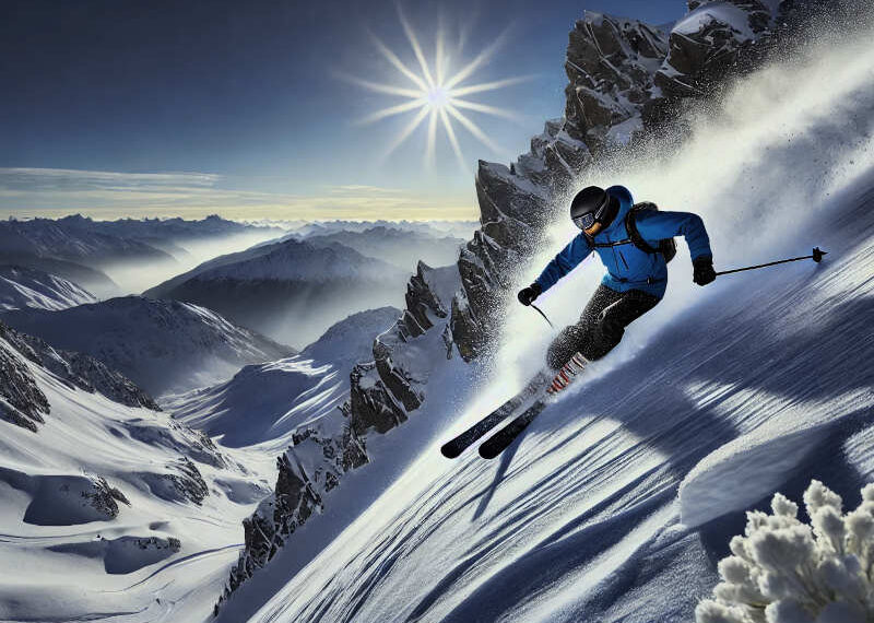 A person skiing down a powder slope