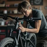 Picture of a girl checking her mountain bike for issues