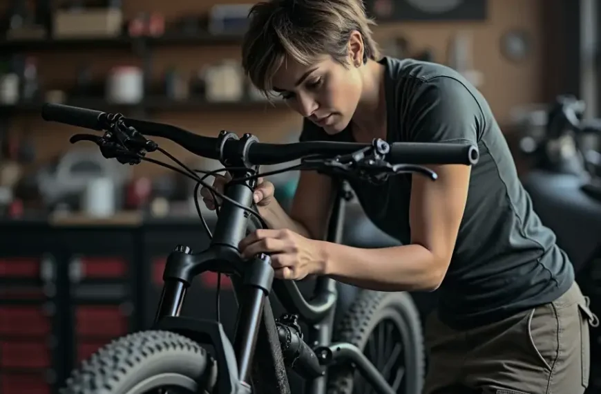 Picture of a girl checking her mountain bike for issues