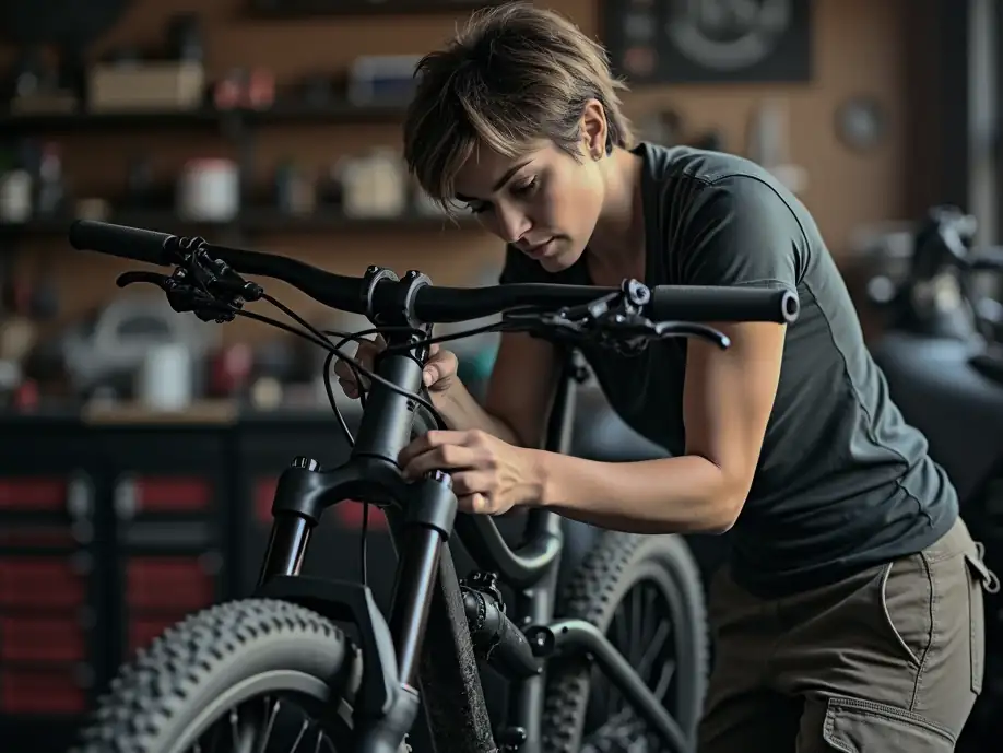 Picture of a girl checking her mountain bike for issues