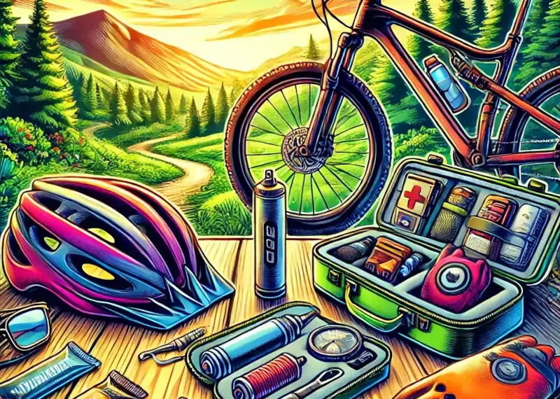 Image of some of the items essential mountain bike gear for beginning riders.