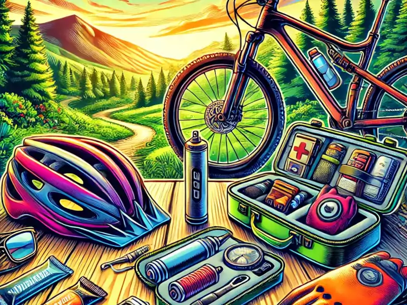 Image of some of the items essential mountain bike gear for beginning riders.