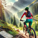 Image of a woman mountain biking on a trail and overcoming with fears and doubt while facing the trail ahead.