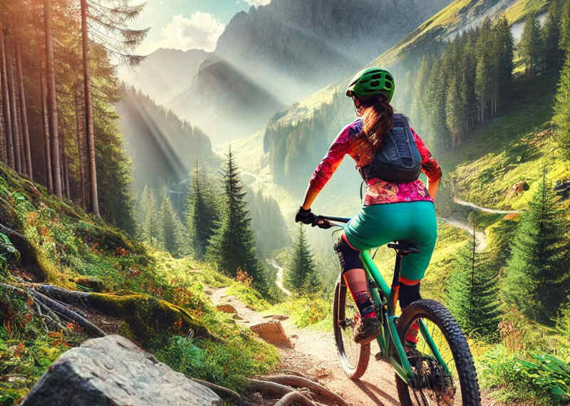 Image of a woman mountain biking on a trail and overcoming with fears and doubt while facing the trail ahead.