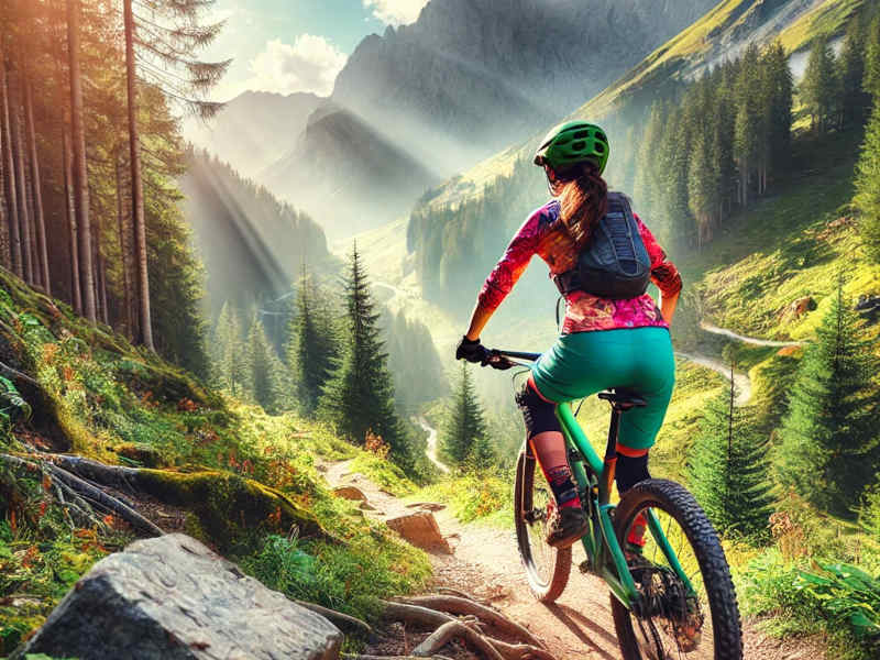 Image of a woman mountain biking on a trail and overcoming with fears and doubt while facing the trail ahead.