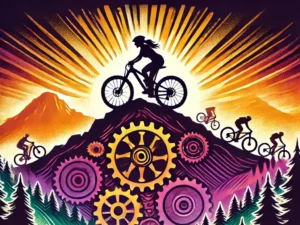 A symbolic vector-style image of a female mountain biker on top of a mountain with rays of sunshine glowing behind her, and other women biking up the mountain.