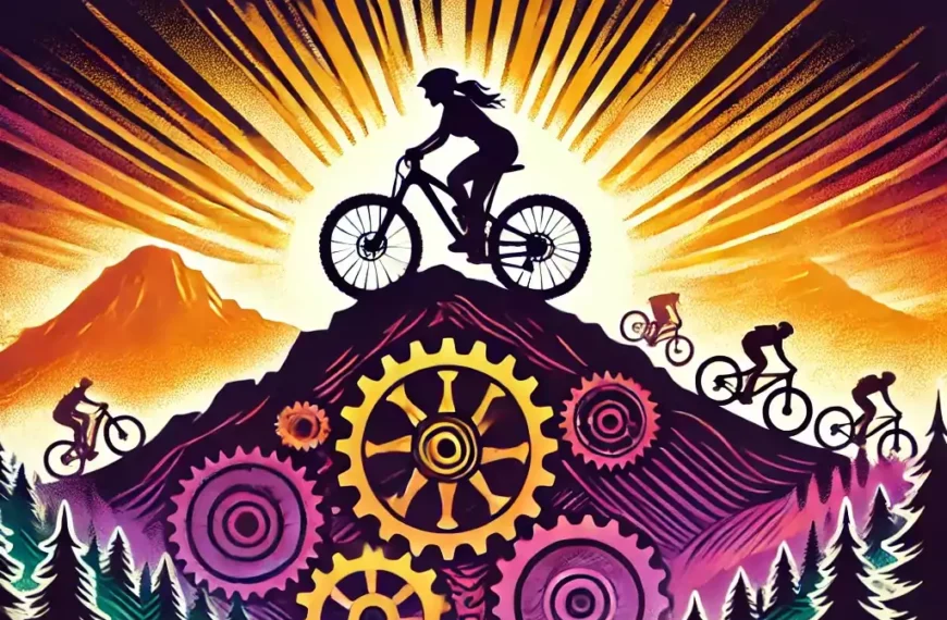 A symbolic vector-style image of a female mountain biker on top of a mountain with rays of sunshine glowing behind her, and other women biking up the mountain.