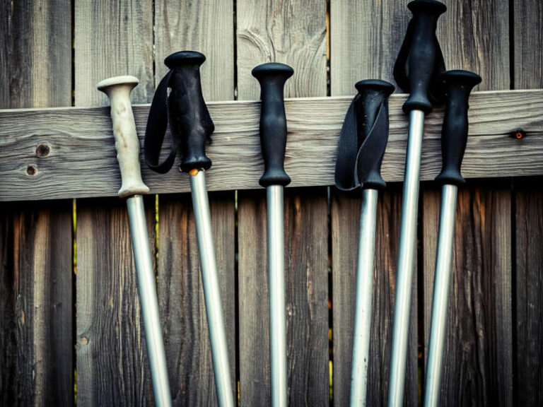 An image of six aluminum ski poles, which are a type of recyclable ski pole shaft, leaning against a wooden fence,