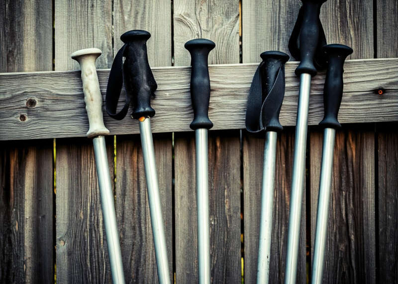 An image of six aluminum ski poles, which are a type of recyclable ski pole shaft, leaning against a wooden fence,