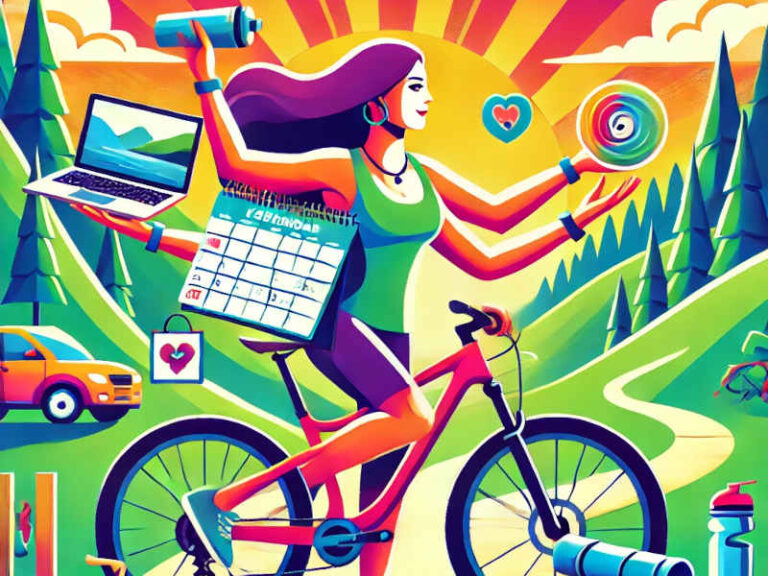 An image of a woman on a mountain bike juggling items representing the many things she needs to do everyday