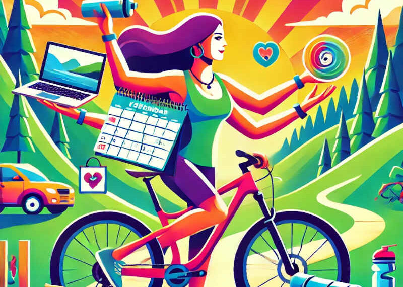 An image of a woman on a mountain bike juggling items representing the many things she needs to do everyday