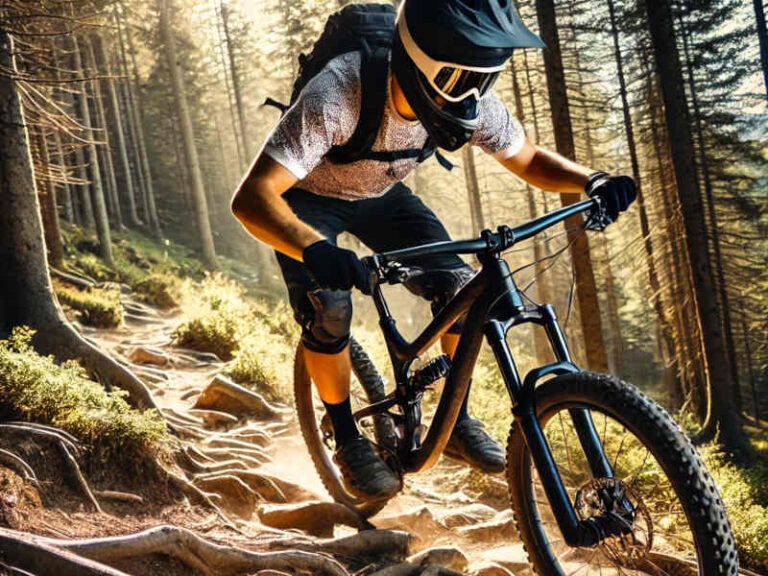 Image of a woman riding a mountain bike in the mountains on a trail, representing learning to mountain bike better.