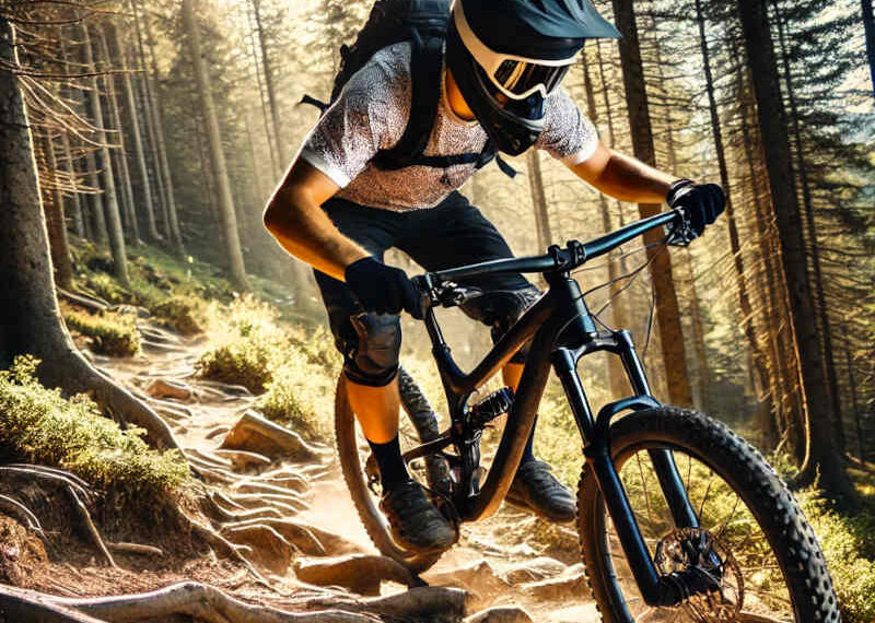 Image of a woman riding a mountain bike in the mountains on a trail, representing learning to mountain bike better.