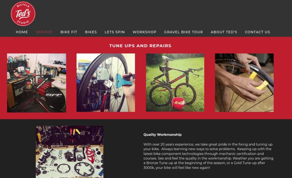 Image of the services page of the website for Ted's Bicycle Studio