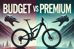 Image of a mountain bike with the words 'Budget vs Premium' representing mountain bike gear