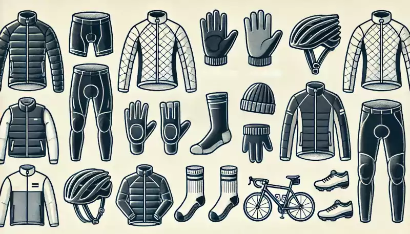 Image with iconic images of different gear needed for winter cycling.